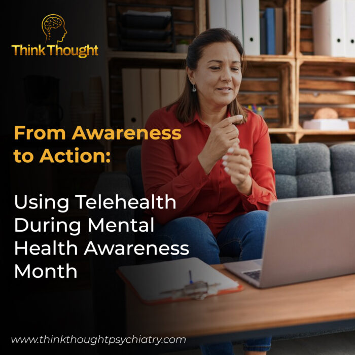 A smiling woman sits on a couch, talking to someone on her laptop during a telehealth mental health session. The image is for a blog post titled "From Awareness to Action: Using Telehealth During Mental Health Awareness Month." The Think Thought logo and website, "www.thinkthoughtpsychiatry.com", are visible. The clinic is a mental health clinic that offers telehealth mental health services in Washington.