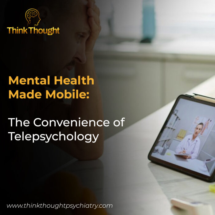 A man with his hand on his head is in a telehealth mental health session with a female professional on a tablet. The image promotes the blog post "Mental Health Made Mobile: The Convenience of Telepsychology." The Think Thought logo and website, "www.thinkthoughtpsychiatry.com", are visible. The clinic offers telehealth mental health services and specializes in clinical mental health counseling for various issues, including stress management and anxiety.